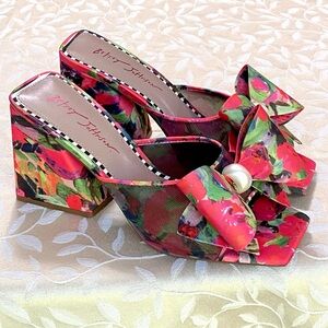 🆕 Betsey Johnson Heeled Sandals Womens size 9.5 Floral Big Bow Slip On Heels NEW